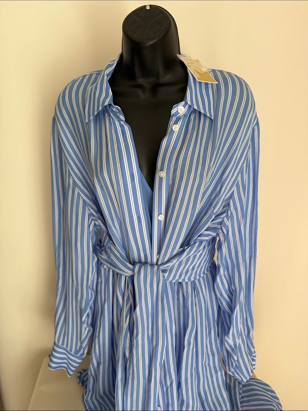 Michael Kors Blue and White Striped Maxi Shirt Dress with Tie Waist - Picture 1 of 7